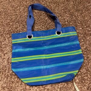 Blue Striped Tote Bag with Silver Accents and Webbing Handles Cute‎